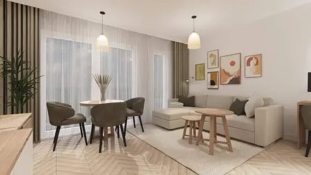 Wnętrze salonu w stylu boho i nowoczesnym z jasnymi meblami i drewnianymi detalami.