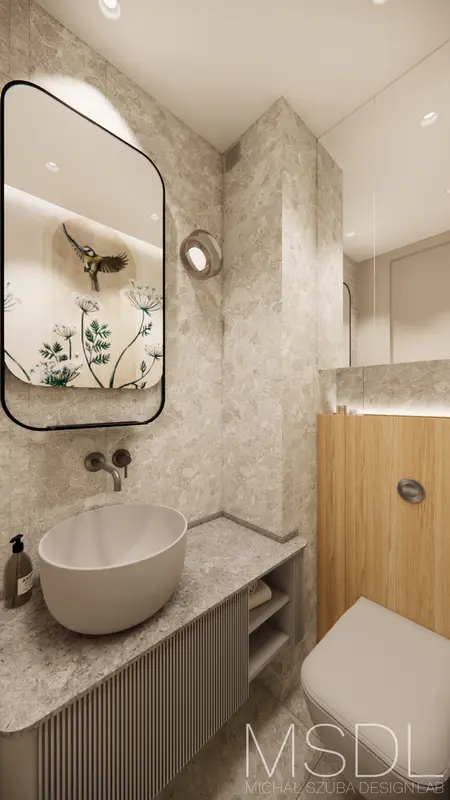 Wnętrze łazienki z kamiennymi ścianami, okrągłą umywalką i drewnianymi detalami. Styl boho, japandi, minimalizm.