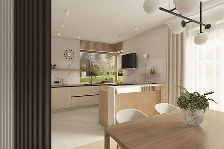 Wnętrze kuchni w stylu japandi z drewnianymi meblami i minimalistycznym wykończeniem.