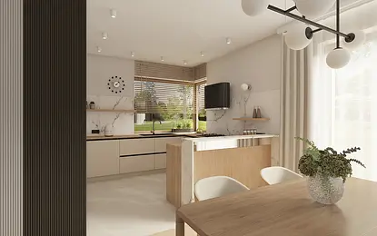 Wnętrze kuchni w stylu japandi z drewnianymi meblami i minimalistycznym wykończeniem.