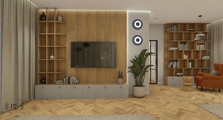 Ciepły dom z drewnem i akcentami koloru