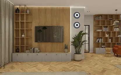 Ciepły dom z drewnem i akcentami koloru