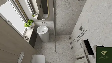 Wnętrze łazienki z minimalistycznym stylem, nowoczesnym wyposażeniem i współczesnymi akcentami.