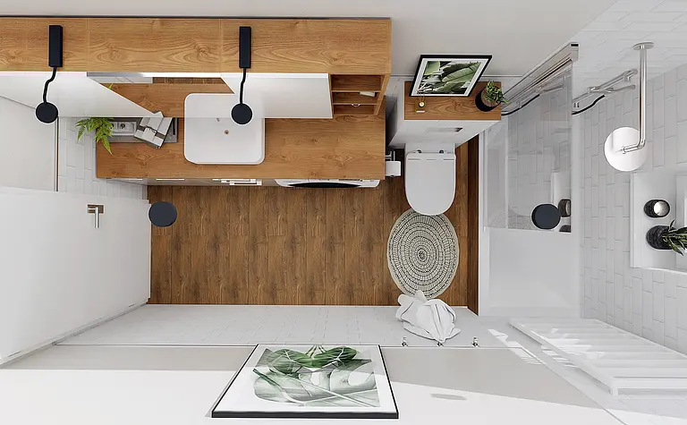 Wnętrze łazienki z drewnianymi meblami i białymi płytkami, styl nowoczesny, skandynawski.