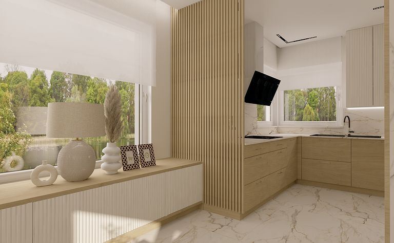 Wnętrze kuchni w stylu japandi z drewnianymi meblami i nowoczesnymi akcentami.