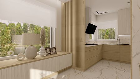 Wnętrze kuchni w stylu japandi z drewnianymi meblami i nowoczesnymi akcentami.