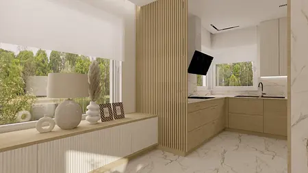 Wnętrze kuchni w stylu japandi z drewnianymi meblami i nowoczesnymi akcentami.