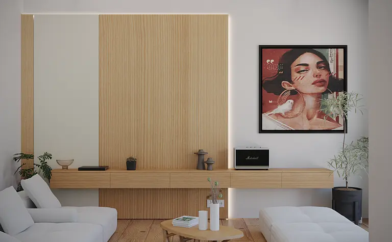 Nowoczesny salon w stylu boho, japandi, minimalistycznym z drewnianymi akcentami.