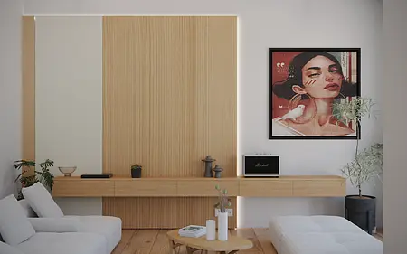 Nowoczesny salon w stylu boho, japandi, minimalistycznym z drewnianymi akcentami.