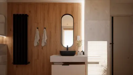 Wnętrze łazienki w nowoczesnym stylu z drewnem, białą umywalką i minimalistycznym designem.