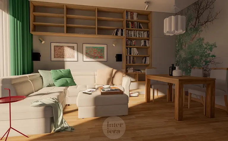 Wnętrze salonu w stylu eklektycznym z zielonymi zasłonami i drewnianym stołem.