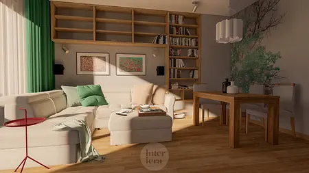 Wnętrze salonu w stylu eklektycznym z zielonymi zasłonami i drewnianym stołem.