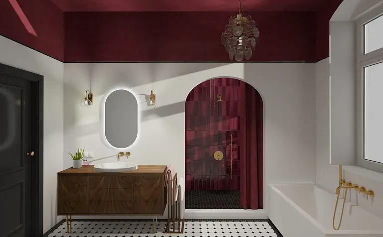 Wnętrze łazienki z elementami art deco i vintage. Czerwone akcenty.