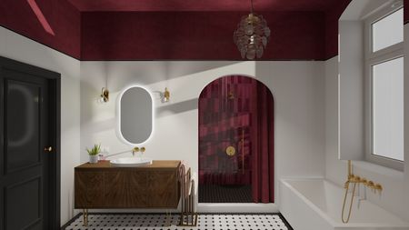 Wnętrze łazienki z elementami art deco i vintage. Czerwone akcenty.