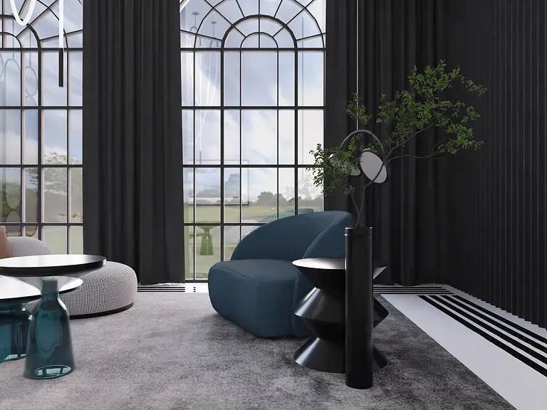 Nowoczesny salon art deco z eleganckimi meblami i dużymi oknami.