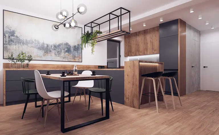 Nowoczesna kuchnia w stylu industrialnym z drewnianymi meblami i minimalistycznym oświetleniem.