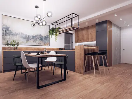 Nowoczesna kuchnia w stylu industrialnym z drewnianymi meblami i minimalistycznym oświetleniem.