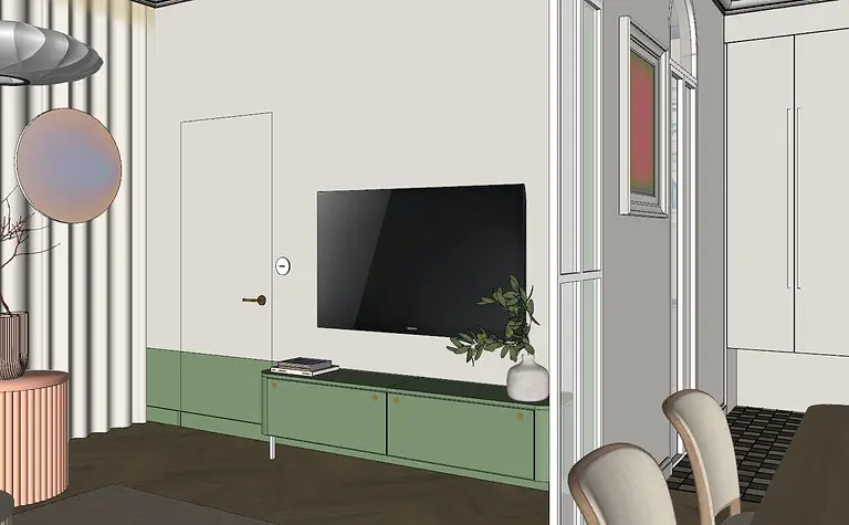 Eklektyczne wnętrze salonu z zielonymi meblami i minimalistycznymi detalami.