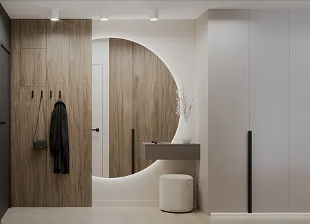 Nowoczesny przedpokój z minimalistycznym designem, drewnianymi elementami i białymi dekoracjami.