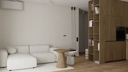 Eklektyczne wnętrze z białą sofą i drewnianymi akcentami.