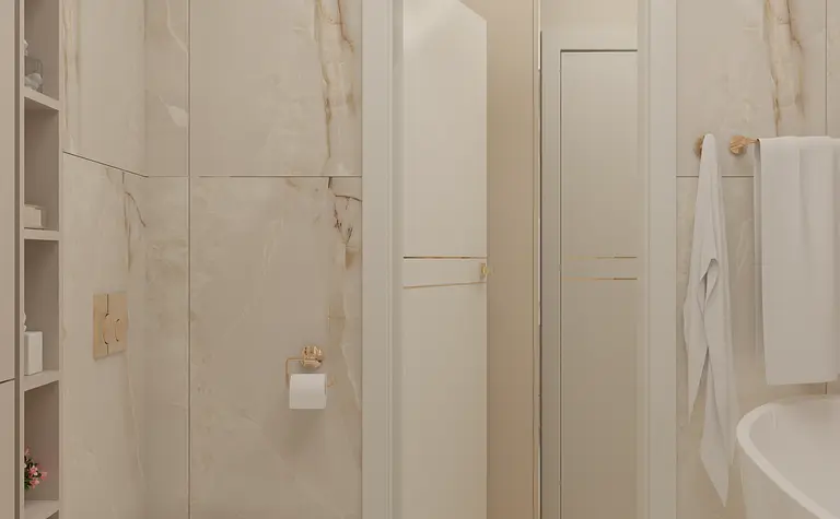 Nowoczesna łazienka w stylu glamour z beżowymi płytkami i białą wanną