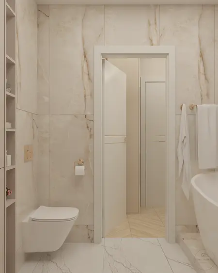 Nowoczesna łazienka w stylu glamour z beżowymi płytkami i białą wanną