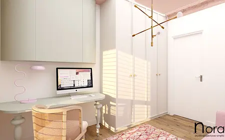 Wnętrze gabinetu z biurkiem, lampą i szafą w stylu art deco, boho, eklektycznym, minimalistycznym i skandynawskim.