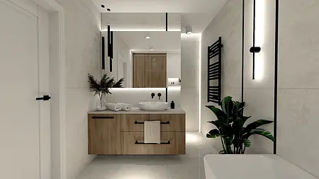 Nowoczesna łazienka z drewnianymi meblami i roślinami, styl industrialny.