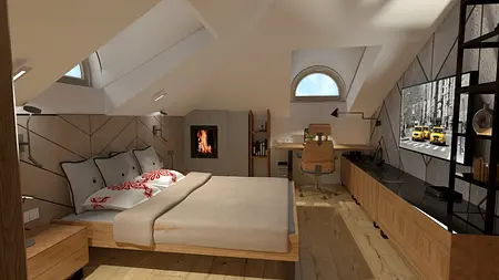 Wnętrze poddasza z drewnianym łóżkiem, biurkiem i kominkiem w stylu rustykalnym.