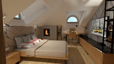 Wnętrze poddasza z drewnianym łóżkiem, biurkiem i kominkiem w stylu rustykalnym.