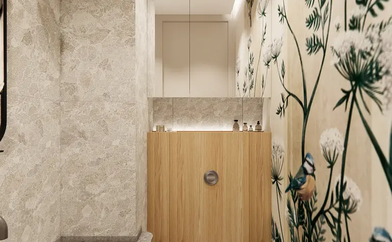 Stylowa łazienka w stylach boho i skandynawskim z drewnem i roślinnymi detalami.