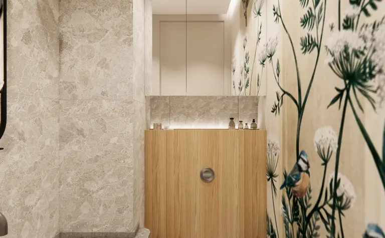 Stylowa łazienka w stylach boho i skandynawskim z drewnem i roślinnymi detalami.
