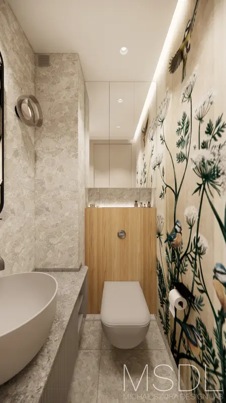 Stylowa łazienka w stylach boho i skandynawskim z drewnem i roślinnymi detalami.