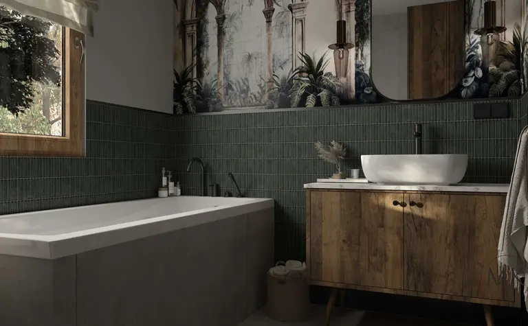 Nowoczesna łazienka z zielonymi kaflami, drewnianymi meblami i roślinnymi dekoracjami. Styl art deco, boho, minimaluxe.