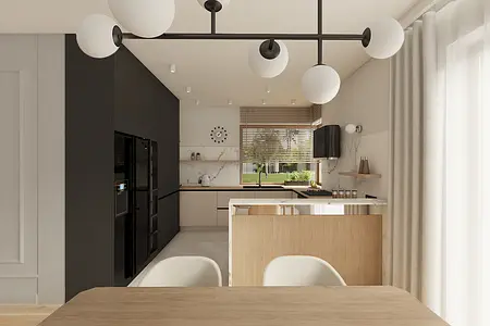 Kuchnia japandi z minimalistycznym designem, drewniane akcenty, czarne meble.