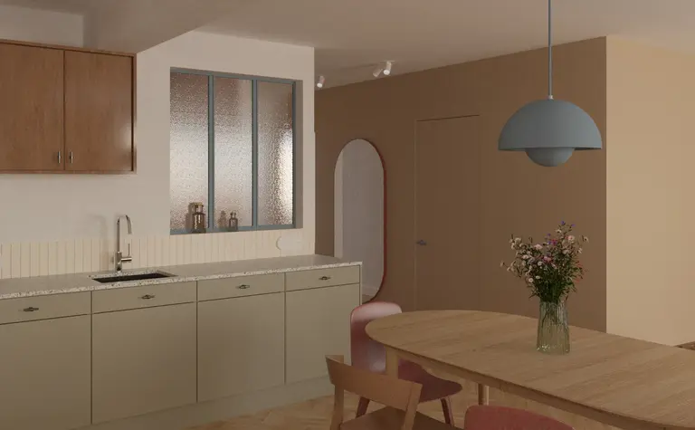 Wnętrze kuchni z drewnianymi akcentami, eklektyczne, dopamine decor, współczesny styl.