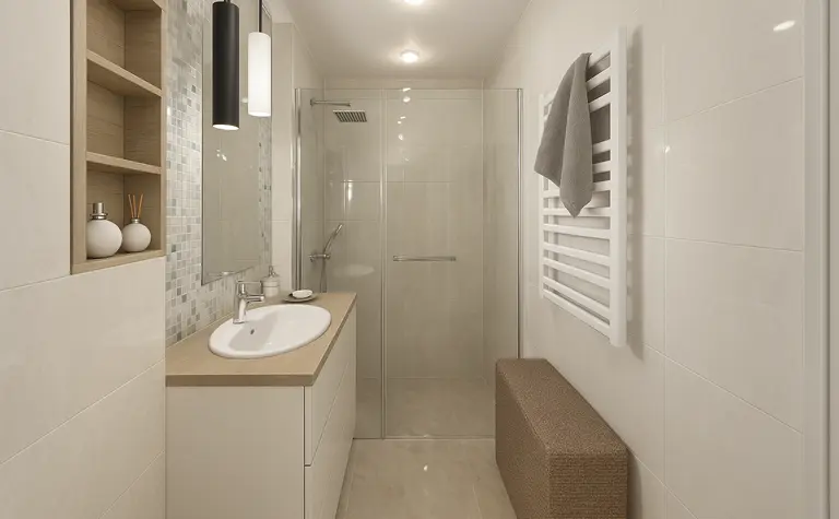 Nowoczesna łazienka w stylu soft minimalizm z prysznicem i drewnianymi detalami.