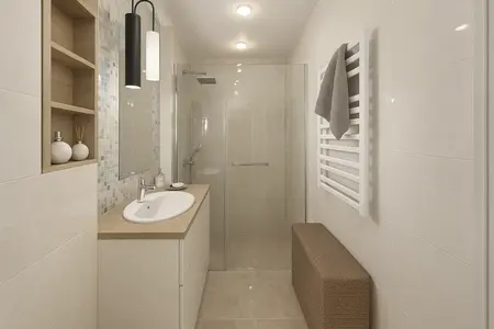 Nowoczesna łazienka w stylu soft minimalizm z prysznicem i drewnianymi detalami.