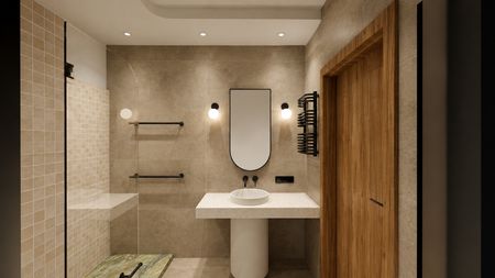 Łazienka w stylu japandi z minimalistycznymi detalami, nowoczesnym wykończeniem i soft minimalizmem.