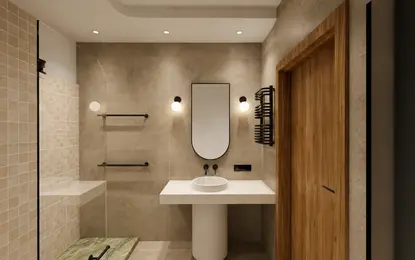 Łazienka w stylu japandi z minimalistycznymi detalami, nowoczesnym wykończeniem i soft minimalizmem.