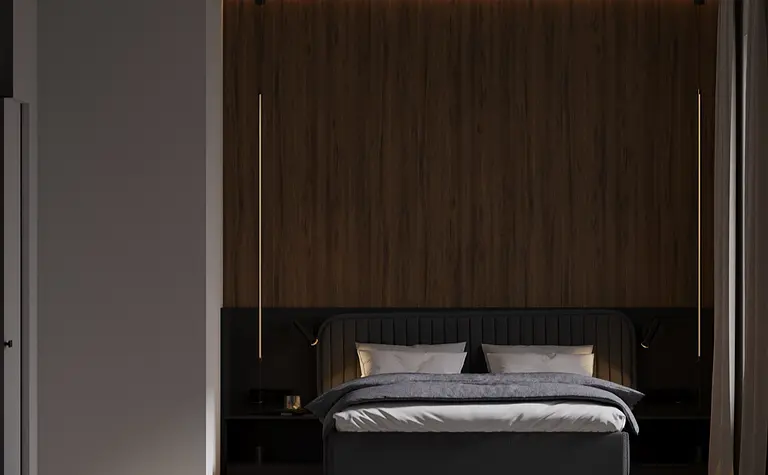 Wnętrze sypialni minimalistycznej z drewnianą ścianą i nowoczesnym łóżkiem