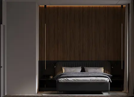 Wnętrze sypialni minimalistycznej z drewnianą ścianą i nowoczesnym łóżkiem