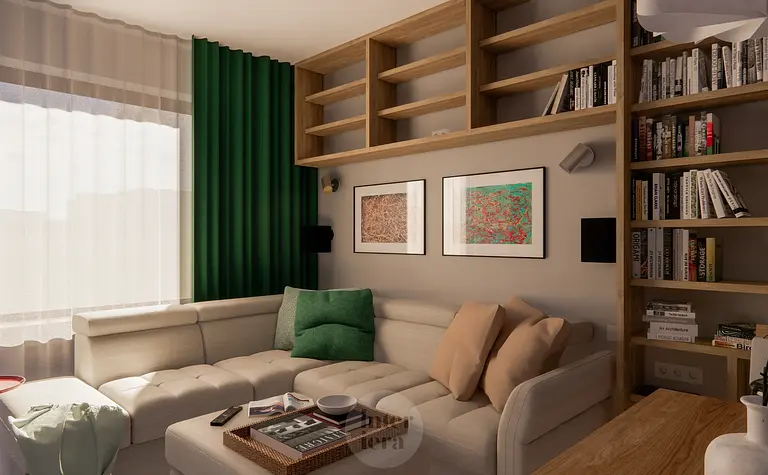 Wnętrze nowoczesnego salonu z eklektycznymi akcentami, zielonymi zasłonami.