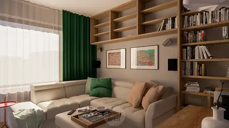 Wnętrze nowoczesnego salonu z eklektycznymi akcentami, zielonymi zasłonami.