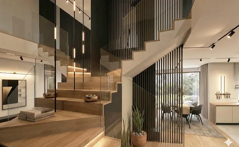 Nowoczesne wnętrze z drewnianymi schodami, minimalistycznym designem i szklanymi akcentami.