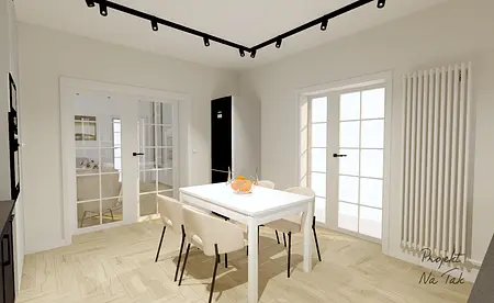 Wnętrze jadalni z białym stołem, drewnianymi krzesłami i dużymi oknami.