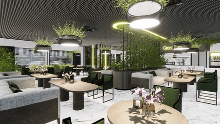 Wnętrze restauracji z białymi meblami, zielonymi roślinami i nowoczesnym wystrojem.