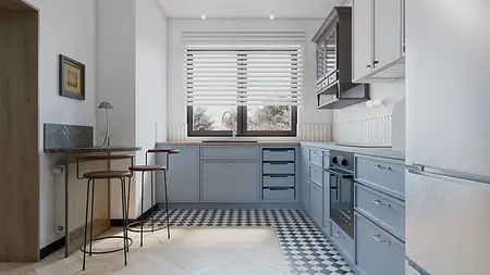 Nowoczesna kuchnia w stylu art deco i eklektycznym z niebieskimi meblami.