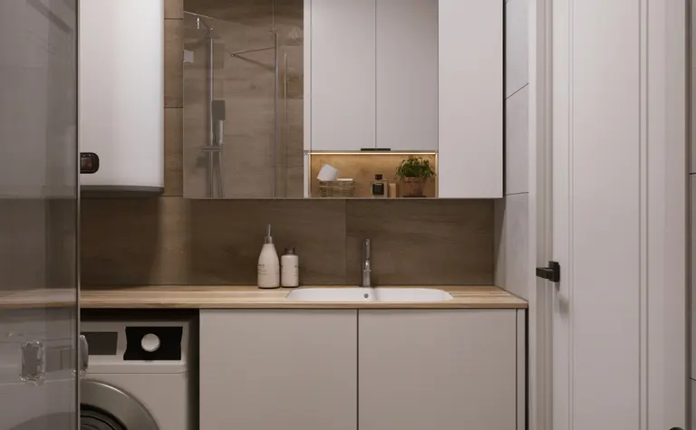 Nowoczesna łazienka w stylu japandi z minimalistycznym wystrojem i drewnianymi detalami.