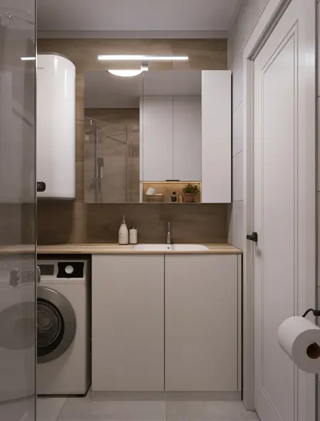 Nowoczesna łazienka w stylu japandi z minimalistycznym wystrojem i drewnianymi detalami.